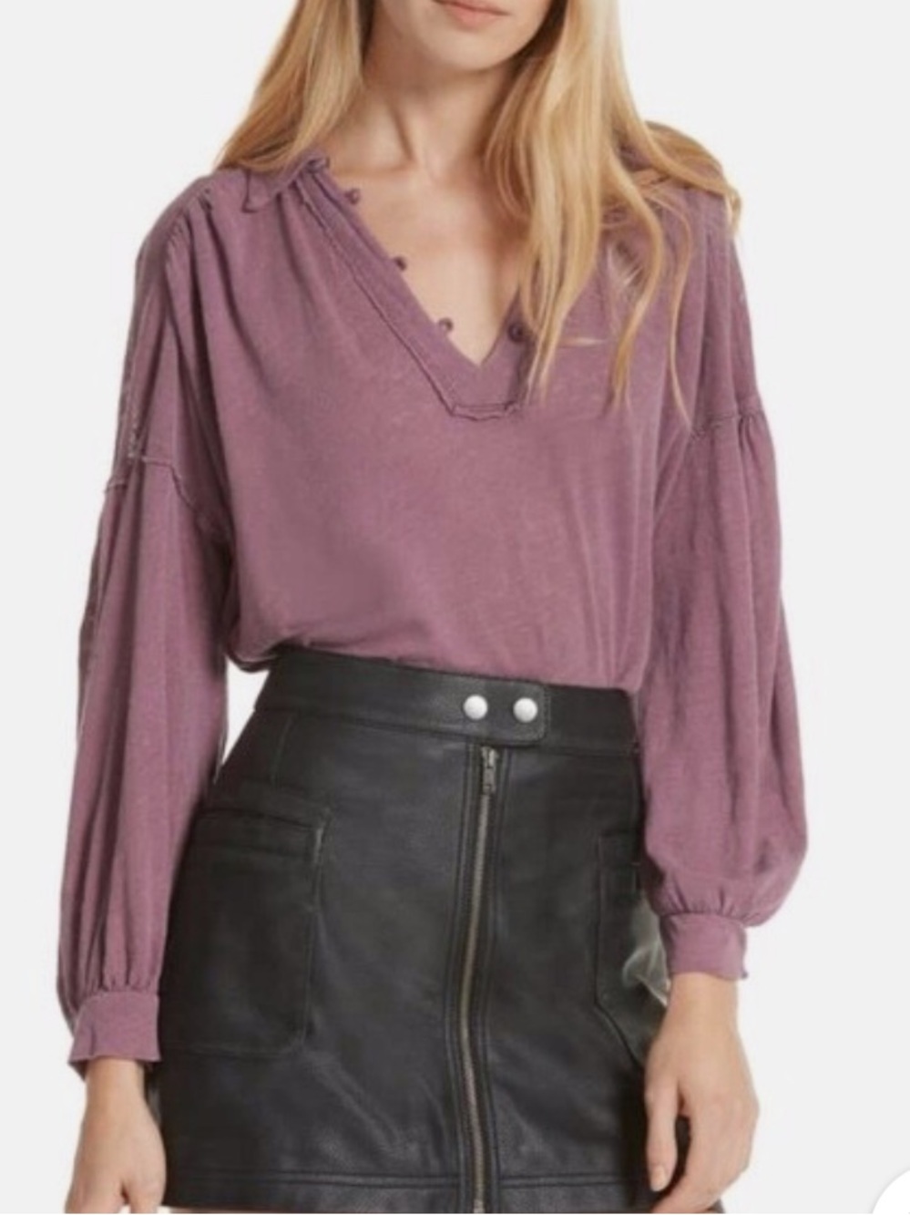 Free People Dusty Lavender Balloon Sleeve V-Neck Peasant Top